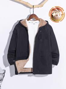 SHEIN Tween Boy Black Hooded Zip-Up Thermal Lined Jacket, Boys Outfit For Fall/Winter Wear, Casual, School, Commute, Sports, Suitable For Autumn & Winter Seasons - Khaki - View 1