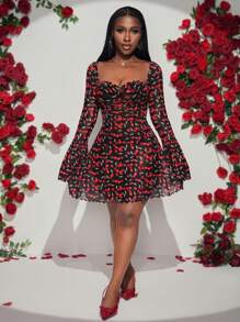 Slaydiva Váy ngắn tay dài bằng vải jacquard nhung bán trong suốt gợi cảm dự tiệc thanh lịch - Nhiều màu - Xem 4