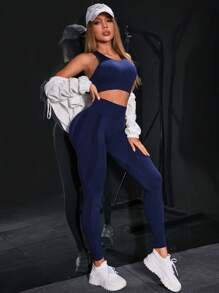 Powerista Bộ đồ thể thao thường ngày cho nữ, áo không tay cổ tròn màu trơn và quần dài tập luyện cho nữ, bộ đồ bó cho nữ - Màu xanh hải quân - Xem 2