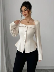 Selianne Women's French Elegant Commuter Trapezoidal Collar Square Neck Front Button Down Long Sleeve Shirt With Waistline, Suitable For Spring Autumn Winter Fall Cloth For Women - Apricot - View 4