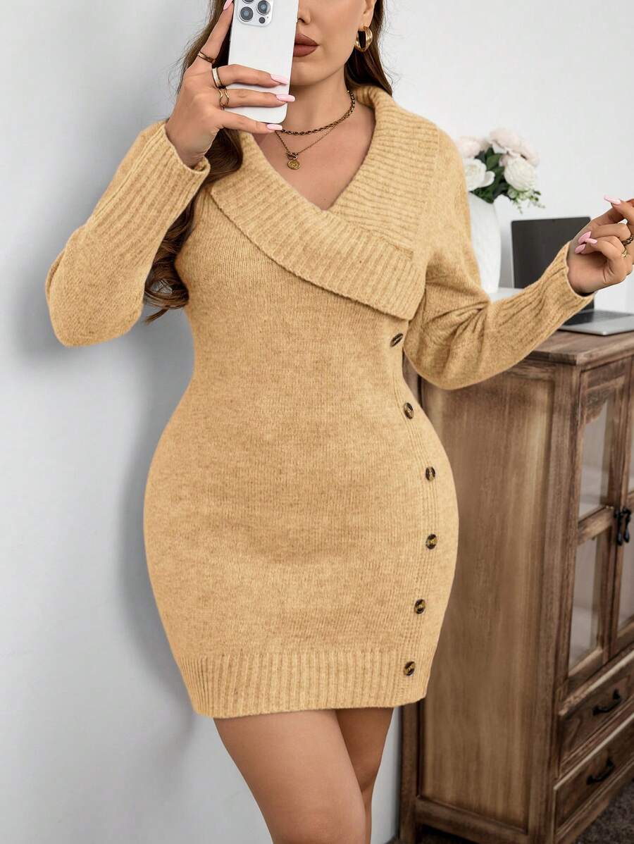 SHEIN Clasi 大码女式纯色围脖领长袖修身纽扣设计毛衣裙，适合秋冬季