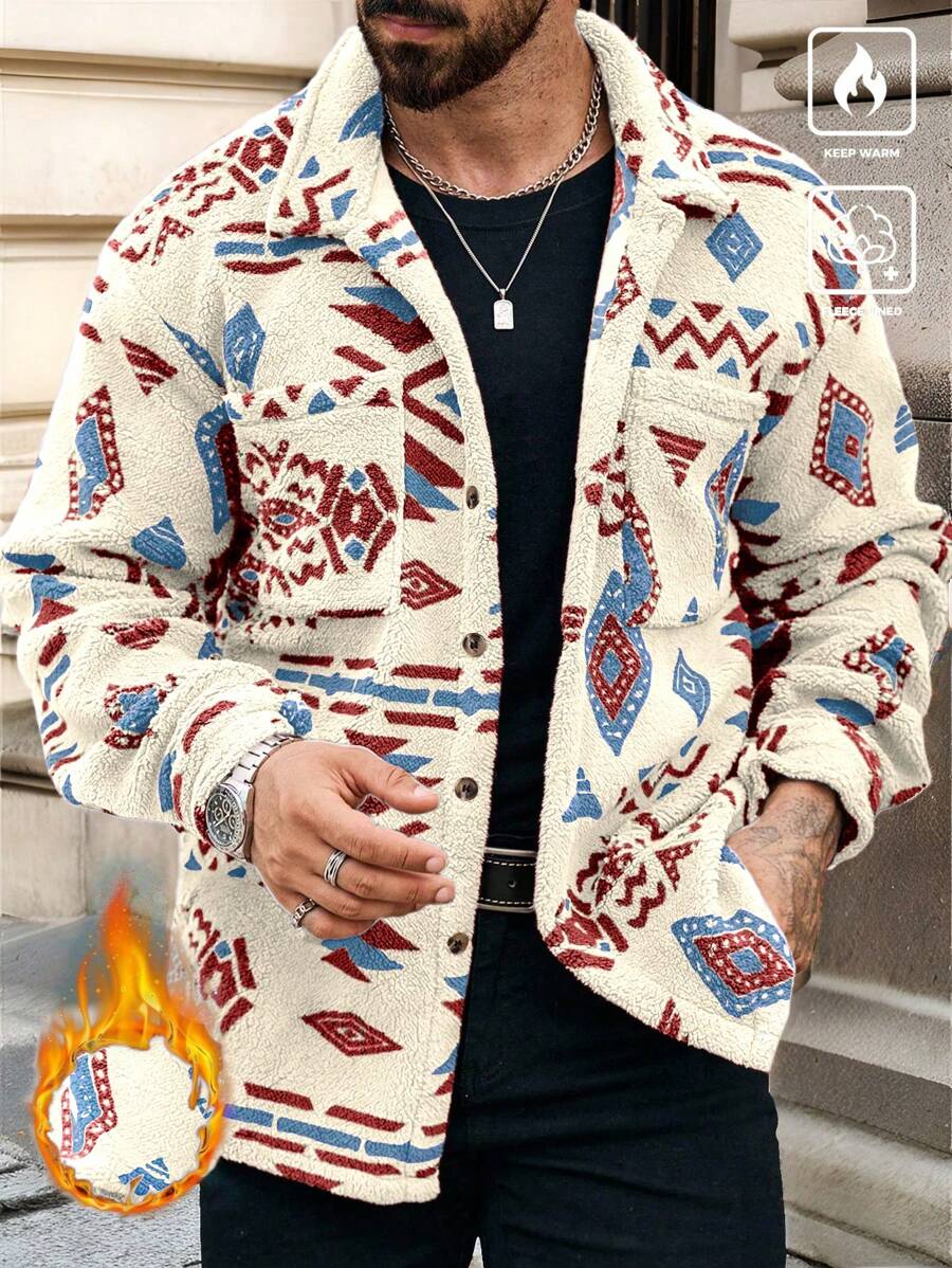 Manfinity CasualCool Men's Geometric Pattern Button-Up Pocket Shacket, Autumn/Winter,Boyfriend Gift,Winter Warm Jacket,Fall Men Clothes,Winter Men Jacket,Coral Fleece Jacket