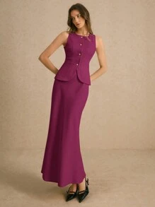 Poéselle 秋冬女士纯色前扣无袖休闲上衣 - 酒紅色 - 查看 2