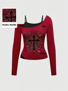 ROMWE Grunge Punk Punk Contrast Color Cross Print Rhinestone 2 In 1 Tight Fit Long Sleeve Women T-Shirt - Burgundy - View 1