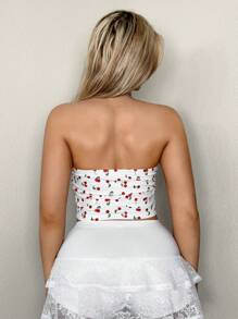 Sweetina Áo ống in họa tiết quả anh đào dễ thương Y2k dành cho nữ có dây buộc họa tiết đồ họa - Đỏ và trắng - Xem 2