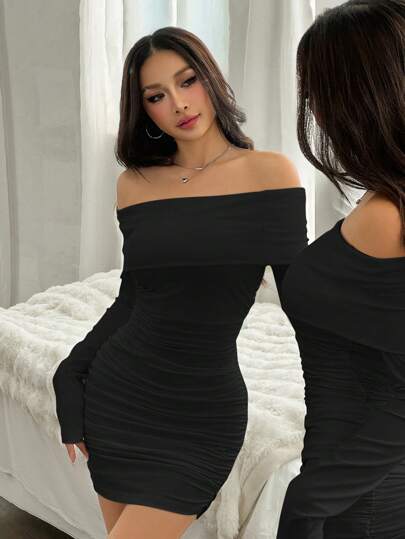 SHEIN EZwear Women Solid Color Long Sleeve Ruffle Off-Shoulder Fitted Midi Dress,Summer Dresses For Women