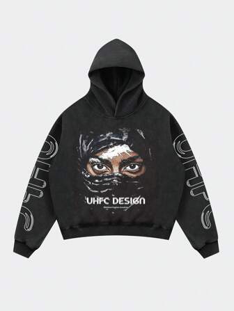 Street Life Men's Distorted Portrait Print Washed Loose Short Style Streetwear Sweatshirt