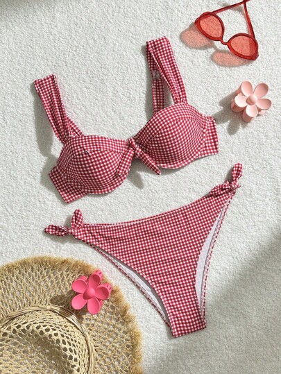 Swim Mod Conjunto bikini sexy de cuadros con corbata frontal para mujer, para ropa de playa y vacaciones