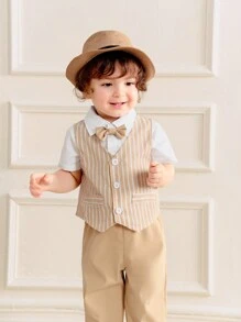 Souflis Souflis 3pcs/Set Infant Baby Boys Gentleman Outfit - Polo Collar Short Sleeve Cardigan, Waistcoat V-Neck Striped Sleeveless, And Long Trousers'