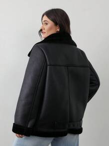 Aveloria Modichic 全新加厚加大码蓬松摩托车夹克加大码女式皮大衣，冬季 - 黑色 - 查看 6