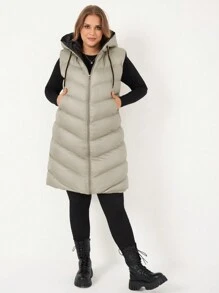 RueChic Plus Zip Up Drawstring Hooded Puffer Vest Coat - Camel - View 3