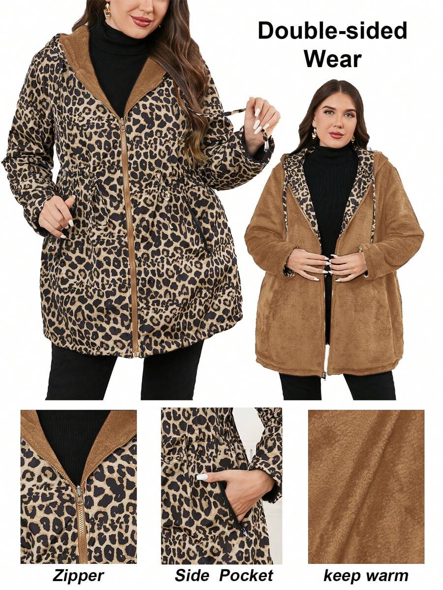 SHEIN Clasi Cazadora con capucha con cremallera y bolsillos, con estampado de leopardo, ropa de invierno de talla grande