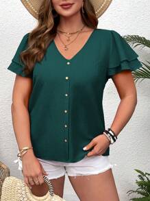 SHEIN VCAY Áo cánh tay bèo cổ chữ V cỡ lớn đi nghỉ - Màu xanh lá cây đậm - Xem 6