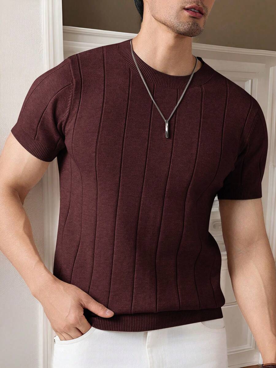 Manfinity Mode Men's Solid Color Crew Neck Short Sleeve Knitted Top, Casual Everyday Wear Blue Top Men - Burgundy - View 1