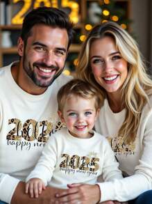 SHEIN 年轻男孩休闲时尚豹纹印花、烟花、2025 数字图形基本款圆领运动衫，新年