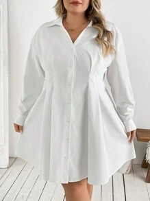 SHEIN CURVE+ 秋季大码女士优雅休闲通勤上班，白色腰部收紧长袖衬衫裙 - 白色 - 查看 6