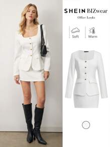 BizChic Conjunto informal de traje blanco para mujer, conformado por blazer y falda (2 piezas), atuendo blanco, traje de oficina para mujer, atuendo para Navidad