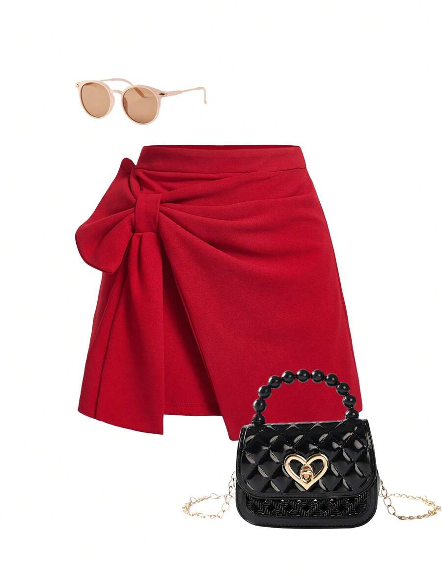 Young Girl Knitted Solid Ruched Bodycon Casual Skirt - Red - View 1