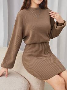 SHEIN 青少年女孩卡其色棕色圆领腰部合身优雅复古风格休闲工作针织连衣裙