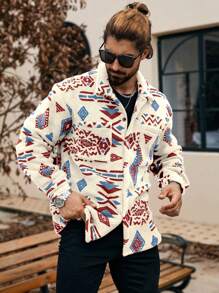 Manfinity CasualCool Men's Geometric Pattern Button-Up Pocket Shacket, Autumn/Winter,Boyfriend Gift,Winter Warm Jacket,Fall Men Clothes,Winter Men Jacket,Coral Fleece Jacket