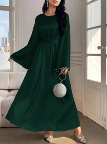 Al Najma 女士优雅纯色喇叭袖长裙，春/夏，朴素优雅的 A 字型阿拉伯连衣裙，适合晚会/婚礼嘉宾/周年纪念/日常穿着 - 軍綠色 - 查看 5