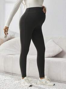 SHEIN 纯色口袋装饰舒适孕妇紧身裤，适合居家和户外休闲穿着 - 黑色 - 查看 1