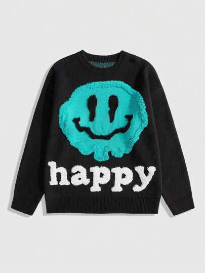 Street Life Fashionable Men's Smile Face Knit Sweater, Casual Round Neck Pullover Jacket, Loose Fit For Winter