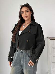 SHEIN EZwear Manteau trench à col rétro crop, manches longues, couleur unie, grande taille, pour l'automne/hiver - Noir - Voir 4