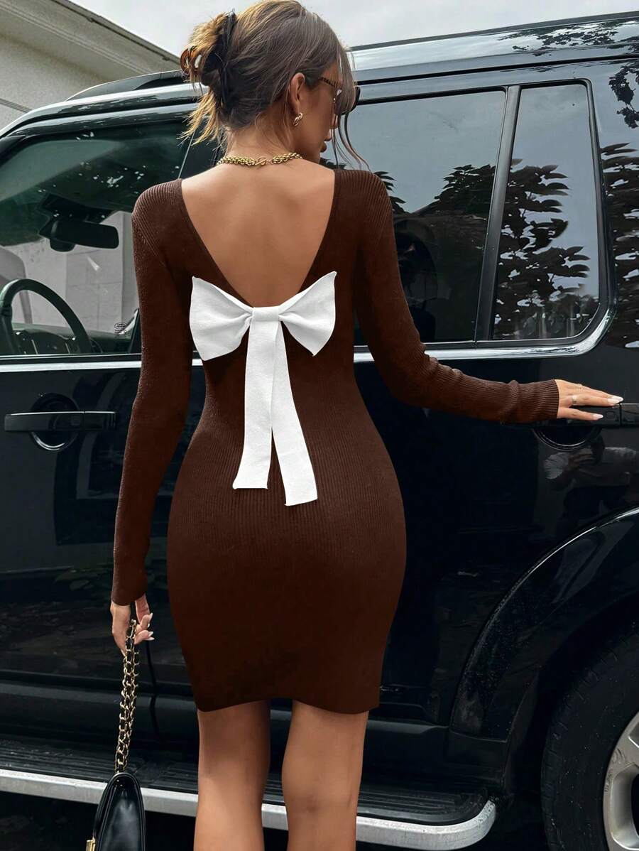 Chiquease Vestido corto casual de manga larga con decoración de lazo de colores contrastantes - Marrón - Ver 1