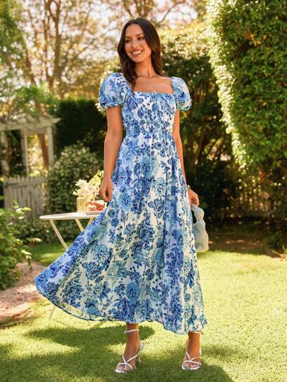 KARISMINA Elegant Floral Print Square Neck Puff Sleeve Spring Summer Dress For Women,For Summer Vacation,Women Summer Clothing,European Summer