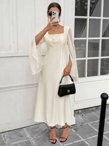 Calvaya Women's Solid Color Square Neck 3D Floral Decor Slit Long Sleeve Maxi Elegant Dress