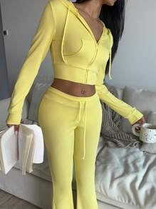 INAWLY 2pcs Women Set: Solid Color Hoodie & Wide Leg Pants Fall Cloth For Women - Yellow - View 4