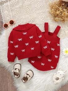 2pcs/Set Baby Girls' White Peter Pan Collar Long Sleeve Jacket, Suspender Romper, Cardigan Jumpsuit Set - Red - View 2