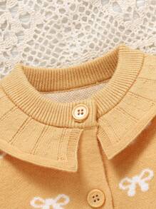 2pcs/Set Baby Girls' Ruffle Collar Long Sleeve Bodysuit, Suspender Bodysuit & Cardigan Set, - Yellow - View 3