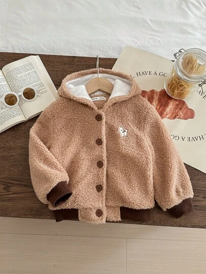 Blossori Young Girls Elegant French Style Cocoa Fleece Loose Knit Front-Button Hooded Cardigan, Autumn/Winter