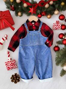 SHEIN Baby Boy 2pcs/Set Casual Daily Raglan Red Plaid Shirt & Denim Effect Suspender Pants Two-Piece Set, Suitable For Autumn/Winter Wear, Indoor And Outdoor