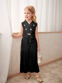 SHEIN Girls Casual Outfit White Woven Suit Jacket With Collar,Closure And White Chiffon Pleated Belted Jumpsuit, Summer
