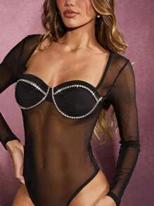 Hauture Winter Women Clothes, Sexy Embellished Sweetheart Neck Long Sleeve Sheer Black Mesh Bodysuit With Rhinestone Bust, Women Tops, Long Sleeve Top, Black Top, Going Out Tops. For Date Night, Concerts, Performances, Parties, Clubs, Evening