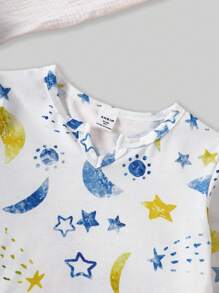 SHEIN Kleine Jungen 2-teiliges Pyjama-Set mit Stern- und Mond-Muster, elegant, bequem, langärmelig, Hemd und langer Hose