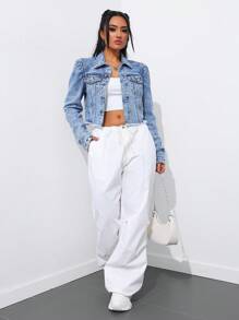 SHEIN Tall Women Distressed Fray Hem Washed Denim Jacket - Medium Wash - View 3