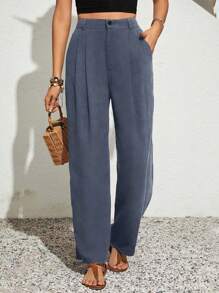 SHEIN VCAY Plus Size Holiday Casual Solid Color Pleated Straight Leg Pants