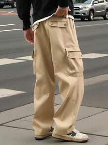 Claim Dot Men's Casual Versatile Solid Color Cargo Pants - Khaki - View 2