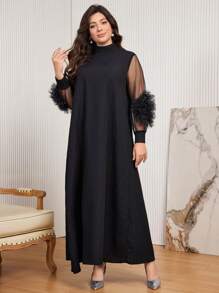 Al Najma 女士宽松加大码高领网眼花卉灯笼袖纹理阿拉伯连衣裙，加大码长款女装