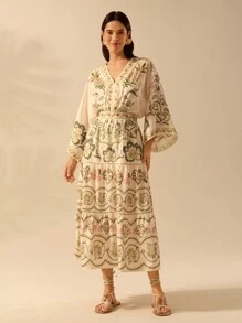 CAJUNI 女士波西米亚风热带芙蓉、椰子树、蛇纹植物印花度假休闲海滩宽松半身裙 - 彩色 - 查看 8