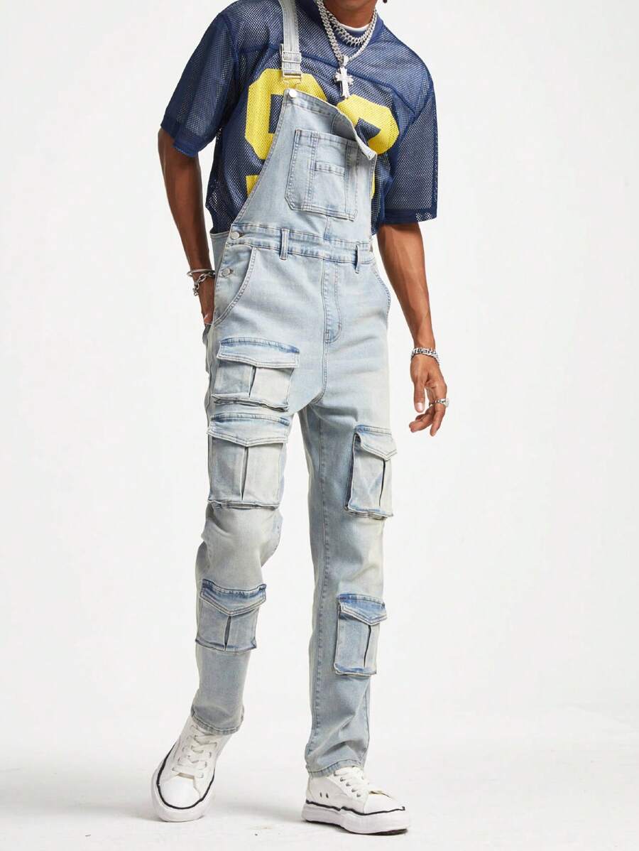 PAVTROS Manfinity Streetrush Men's Light Blue Washed Denim Overall Pants