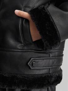 Ontre 青少年女孩宽松休闲 PU 皮革和毛绒领夹克 - 黑色 - 查看 6