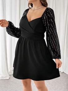 SHEIN Essnce Plus Size Women's Spring And Summer Valentine's Day Vacation Outfits Fashion Casual Commuting Elegant Black A-Hem Long-Sleeved Dress - Black - View 4