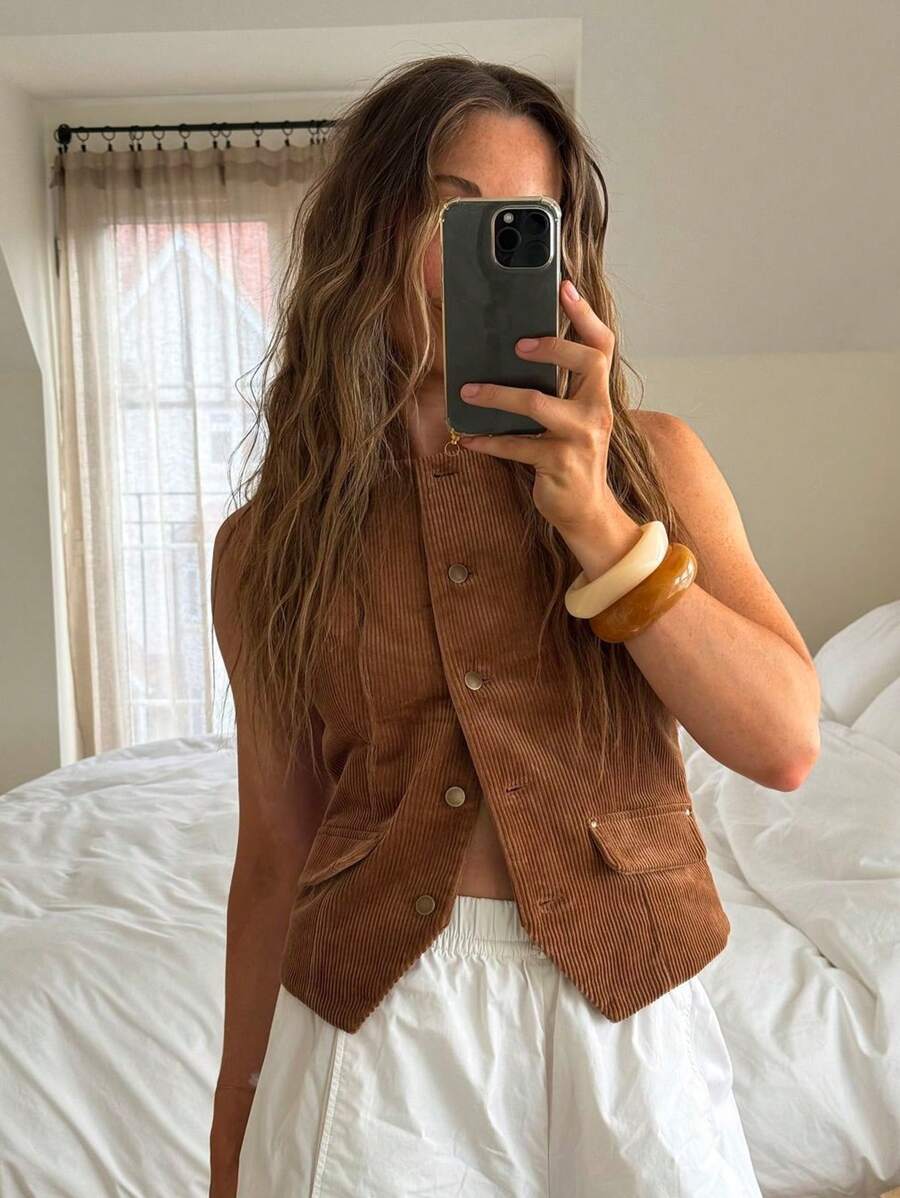 SHEIN Essnce Chaleco de pana para mujer en colores otoñales, chaqueta exterior estilo nómada, chaleco de pana ajustado marrón para mujer - Marrón - Ver 1