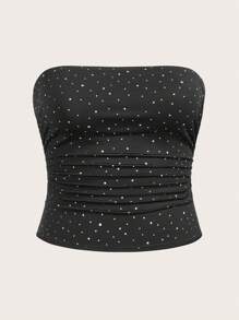 SHEIN EZwear Áo Bandeau nhún bèo sequin thời trang cỡ lớn cho nữ mùa hè - màu đen - Xem 1