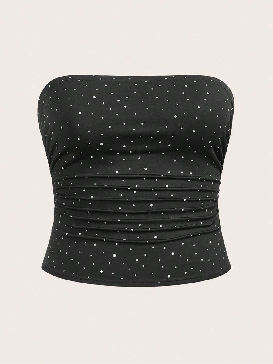 SHEIN EZwear Áo Bandeau nhún bèo sequin thời trang cỡ lớn cho nữ mùa hè - màu đen - Xem 1